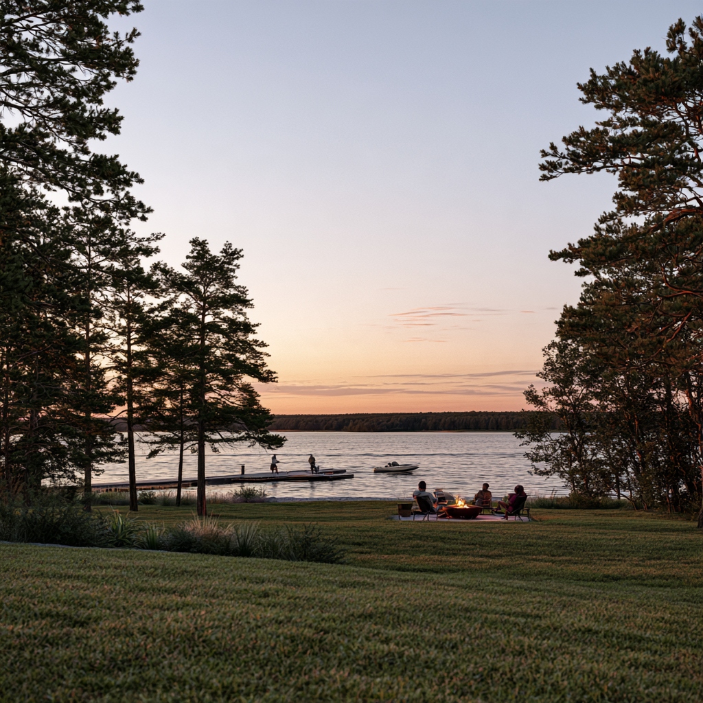 WILDFISHER lakeside at dusk — fire pit and guests on the lawn, anglers on the dock, boat on the water