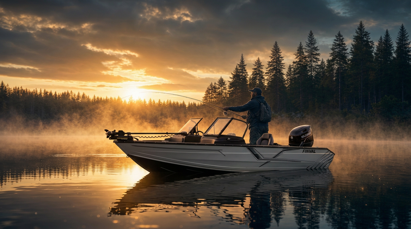 Fisherman casting from a Finval fishing boat on a misty lake at dawn in Lithuania