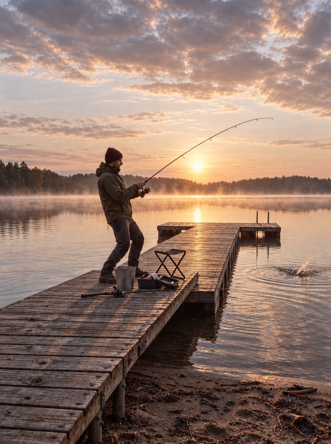 Angler hooking a fish from the dock at sunrise on Kupiškis Marios, Lithuania